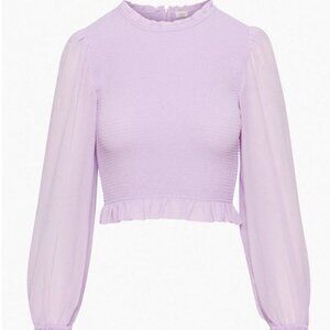Aritzia Lilac Puff-Sleeve Smocked Crop Blouse